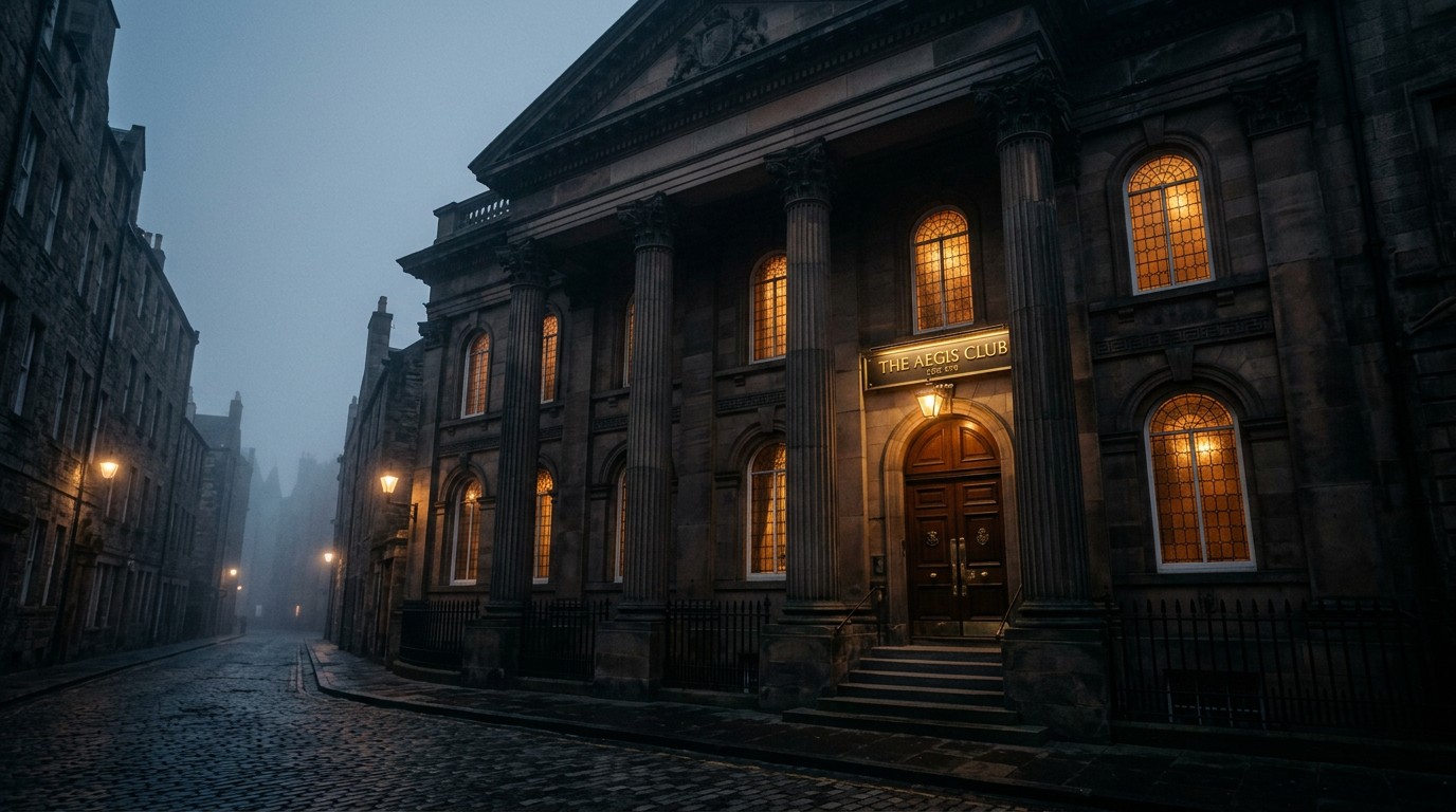 The entrance to a distinguished private society building at dusk