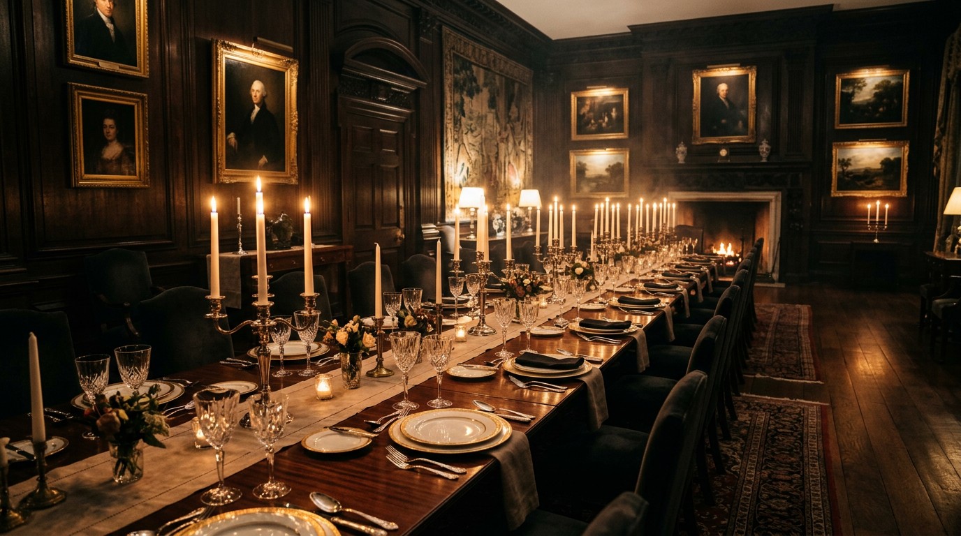 A private society dinner — long table set by candlelight